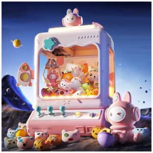 Máquina de Garra Rosa Skirfy – Mini Arcade Infantil com 20 Prêmios, 24 Moedas, Luzes, Som e Controle de 3 Joysticks