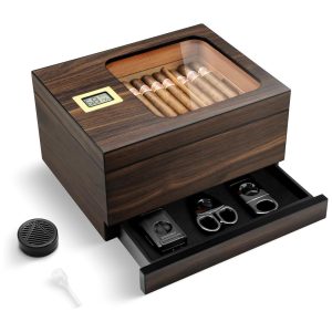 Umidor de Charutos OTAKOKIT com Tampo de Vidro Gaveta Higrômetro Bandeja e Divisor de Cedro para 30-55 Charutos