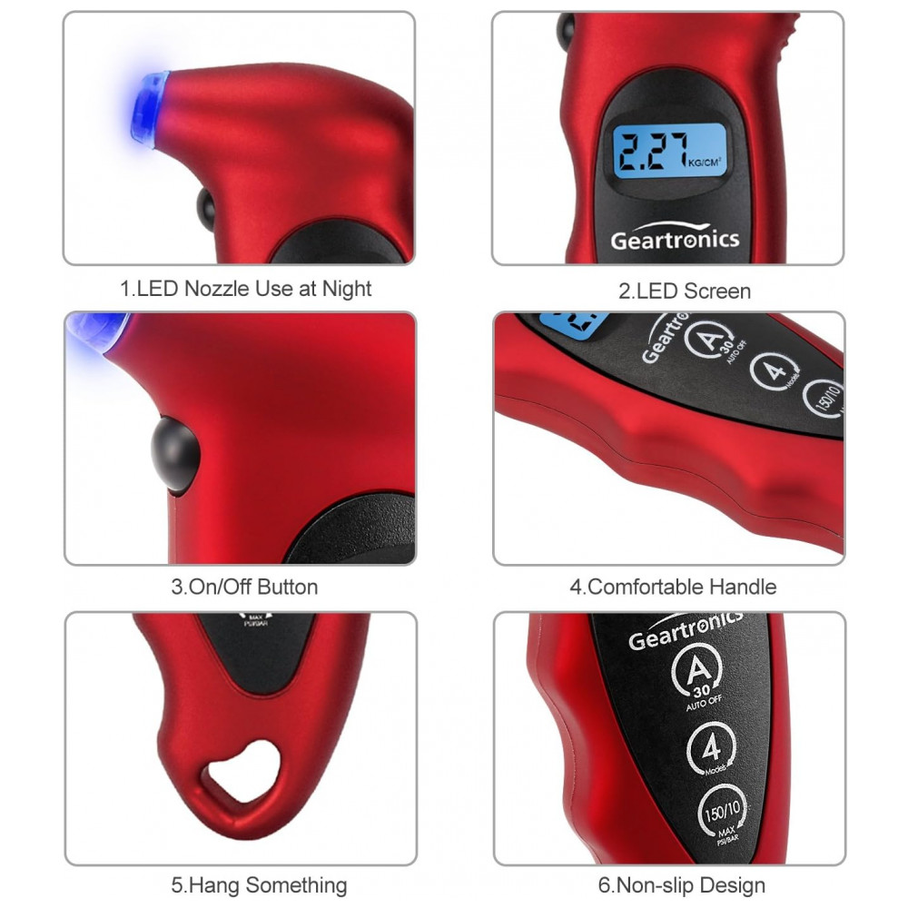 Medidor Digital de Pressão de Pneus 150 PSI com 4 Configurações e Tela LCD com Iluminação para Carros, Motos e Bicicletas, Empunhadura Antiderrapante,Geartronics - Imagem 2