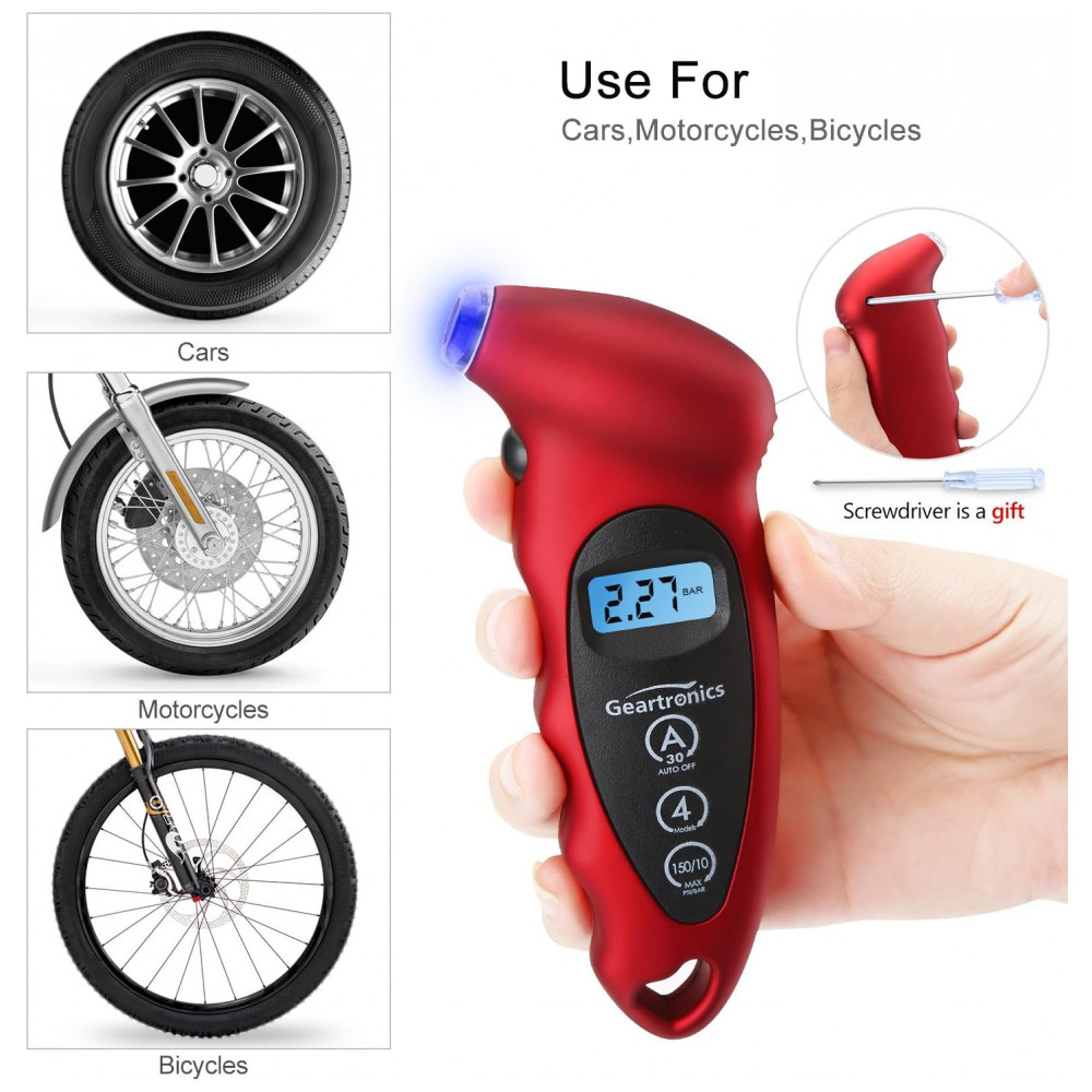Medidor Digital de Pressão de Pneus 150 PSI com 4 Configurações e Tela LCD com Iluminação para Carros, Motos e Bicicletas, Empunhadura Antiderrapante,Geartronics - Imagem 4