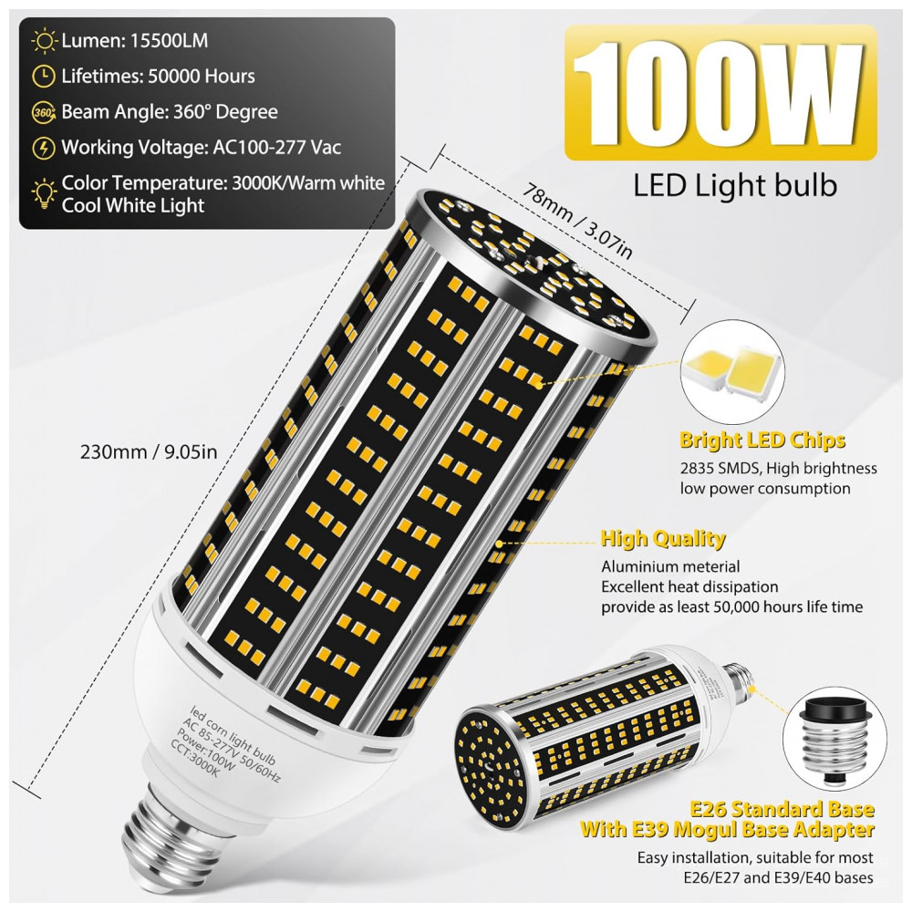 Lâmpada de Milho LED 100W 2 unidades, Luz Branca Quente 3000K Equivalente a 1000W, Base Média E26/E39, 14200LM, para Áreas Amplas,YANYCN - Imagem 2