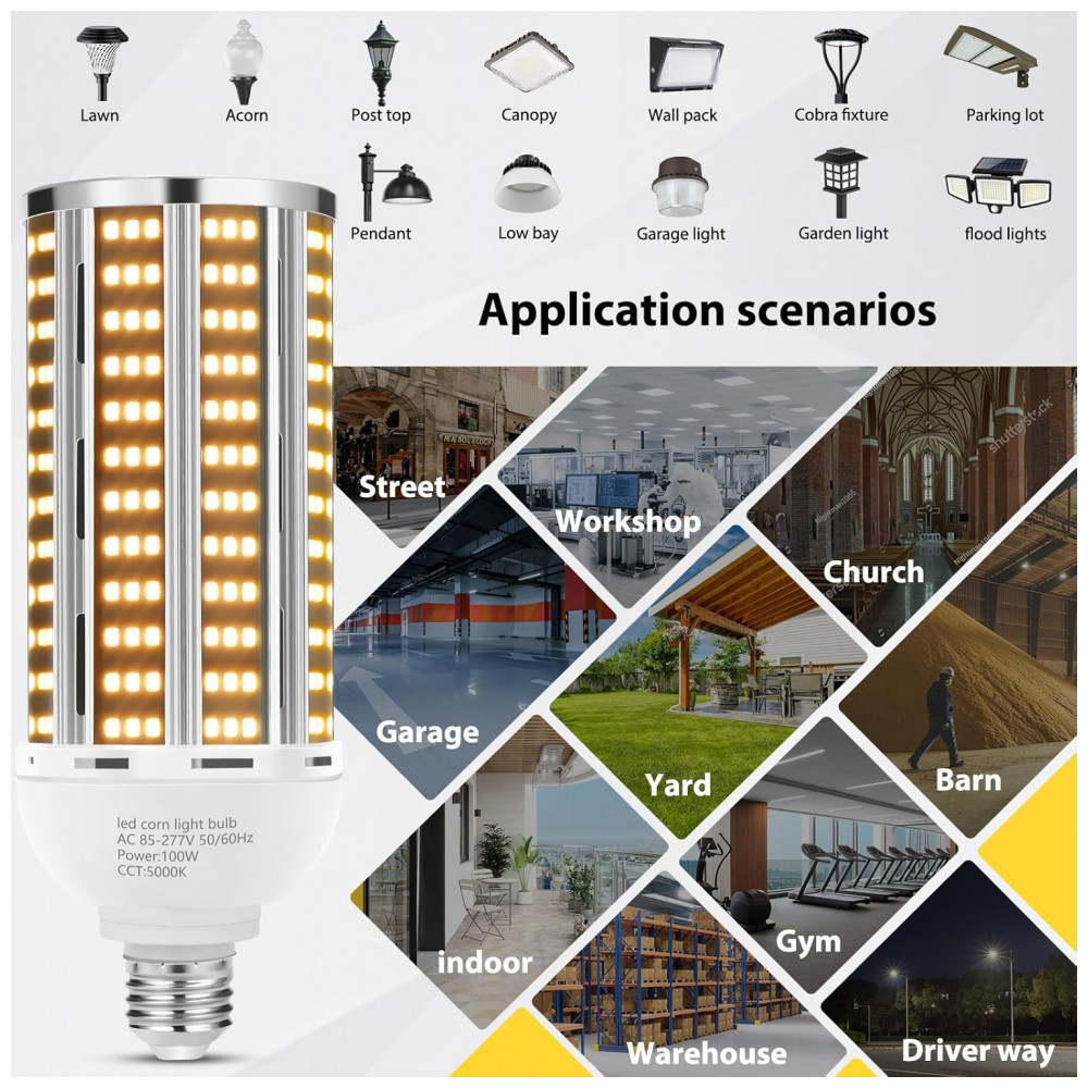 Lâmpada de Milho LED 100W 2 unidades, Luz Branca Quente 3000K Equivalente a 1000W, Base Média E26/E39, 14200LM, para Áreas Amplas,YANYCN - Imagem 5