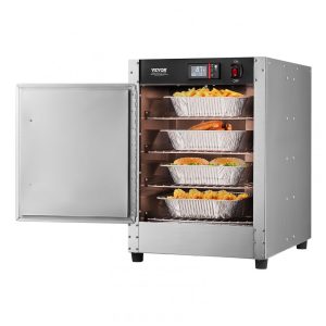 Armário Aquecedor Alimentos VEVOR 4 Andares Prata Bandeja Água 4 Panelas Porta Única Prateleiras Ajustáveis Aço Inoxidável 850W 220V