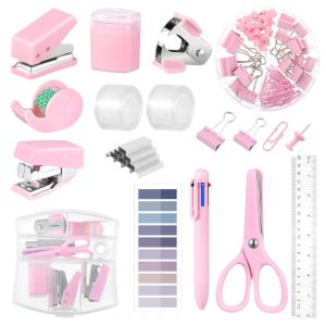 Kit mini escritório auroray rosa com grampeador furador dispenser de fita clips e bloco de notas