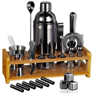 Kit Bartender Profissional 26 Peças em Aço Inoxidável com Suporte de Bambu Sugiury Preto
