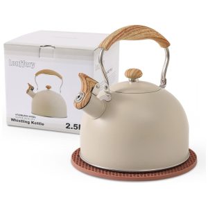 Chaleira de Chá LONFFERY 2.5 Litros em Aço Inoxidável com Apito e Alça Dovrável Branca