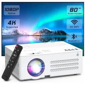 Projetor TMY com WiFi e Bluetooth - Tela de 80 polegadas incluída - Resolução Nativa 1080P - Projetor Externo com Suporte a 4K - Portátil e Compatível