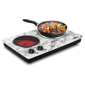 Cooktop Elétrico de Bancada com 2 Queimadores e Controle de Temperatura Ajustável 110V 1800W Cusimax Branco Marmore