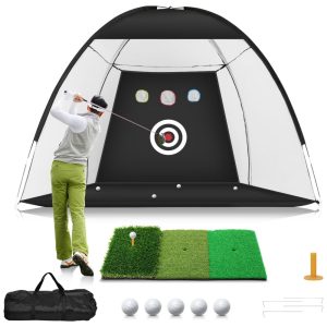 Rede de Golfe 3x21m com Tapete TriTurf Kit Completo para Treino de Tacadas em Casa para Dirigir Aproximar e Treinar o Swing PretoGuecar.