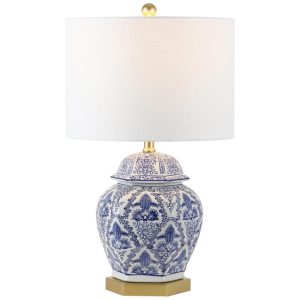 Abajur Luminária de Mesa em Cerâmica Estilo Clássica Tradicional com 63 cm de Altura para Quarto Sala de Estar e Escritório 110V 100W JONATHAN Y Azul e Branco