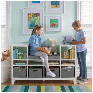 Cantinho de Leitura Infantil Martha Stewart Branco Linho Madeira Almofadado 6 Prateleiras 4 Cestos G76800