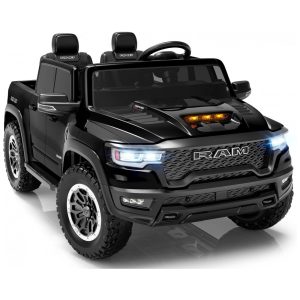 Carro Elétrico Infantil RAM 1500 24V Preto 2 Lugares com Controle Remoto Bluetooth Luzes LED Baú e Cinto de Segurança
