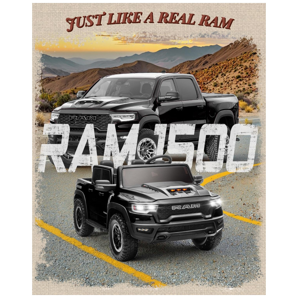 Carro Elétrico Infantil RAM 1500 24V Preto 2 Lugares com Controle Remoto, Bluetooth, Luzes LED, Baú e Cinto de Segurança - Imagem 2