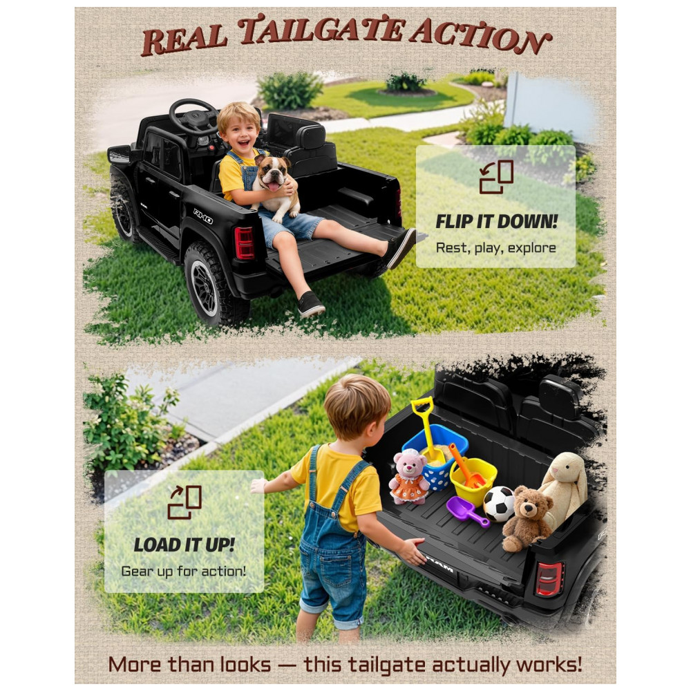 Carro Elétrico Infantil RAM 1500 24V Preto 2 Lugares com Controle Remoto, Bluetooth, Luzes LED, Baú e Cinto de Segurança - Imagem 3