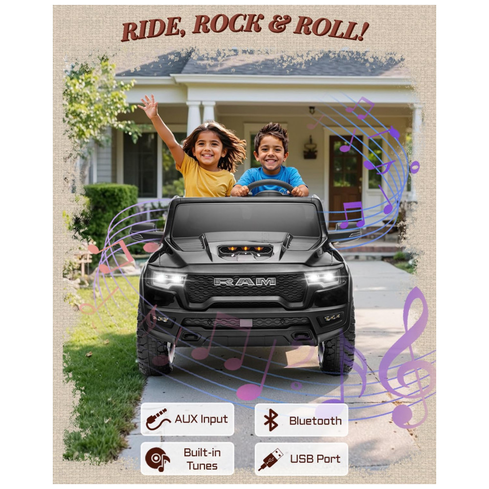 Carro Elétrico Infantil RAM 1500 24V Preto 2 Lugares com Controle Remoto, Bluetooth, Luzes LED, Baú e Cinto de Segurança - Imagem 4