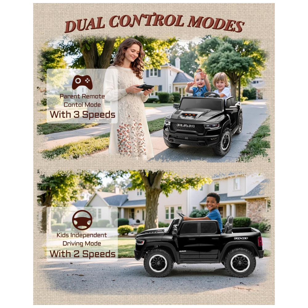 Carro Elétrico Infantil RAM 1500 24V Preto 2 Lugares com Controle Remoto, Bluetooth, Luzes LED, Baú e Cinto de Segurança - Imagem 5