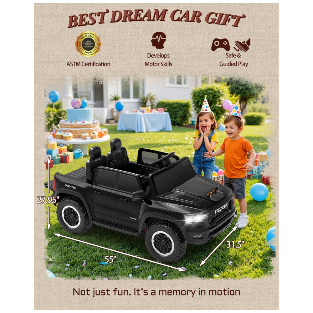 Carro Elétrico Infantil RAM 1500 24V Preto 2 Lugares com Controle Remoto, Bluetooth, Luzes LED, Baú e Cinto de Segurança - Imagem 6