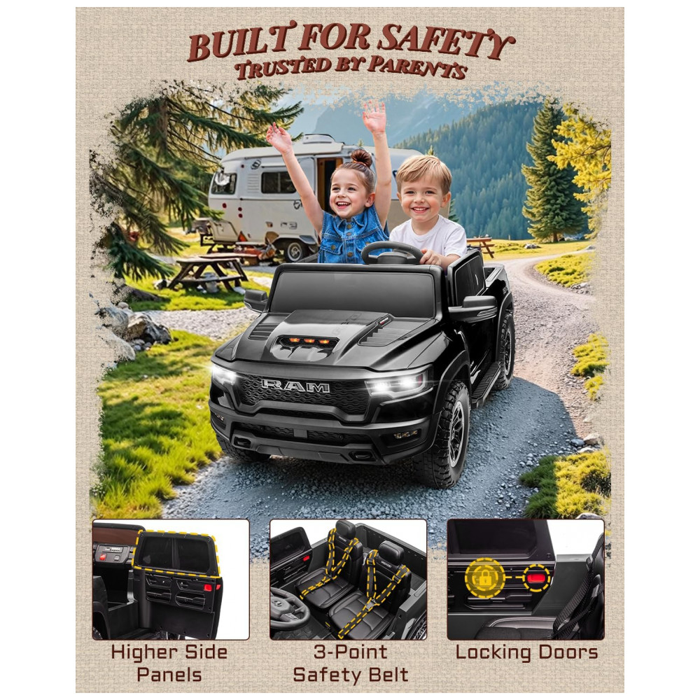 Carro Elétrico Infantil RAM 1500 24V Preto 2 Lugares com Controle Remoto, Bluetooth, Luzes LED, Baú e Cinto de Segurança - Imagem 8