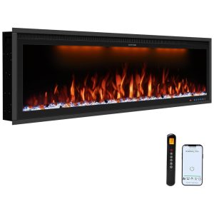 Lareira Elétrica de Embutir A42x106L cm com Controle Remoto por APP Temporizador Toras e Cristais Incluídos 110V 1500W Benrocks BI42Z Preta