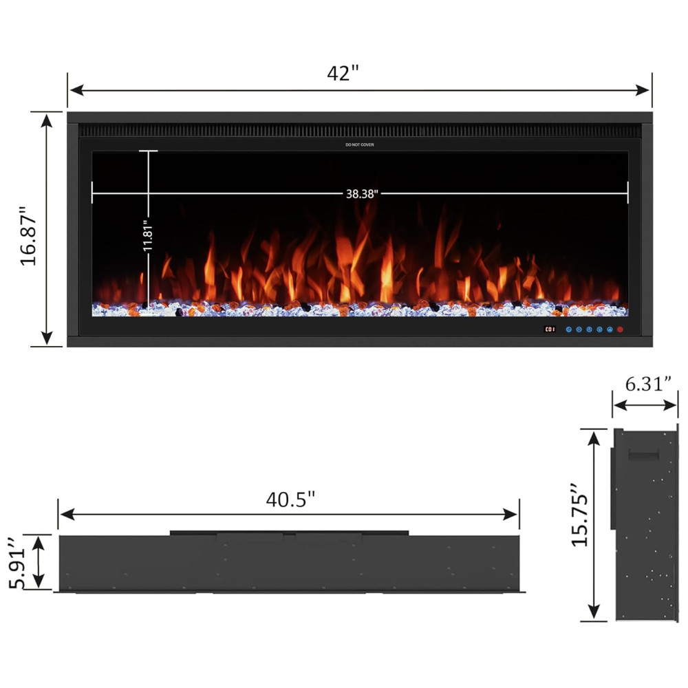 Lareira Elétrica de Embutir A42x106L cm com Controle Remoto por APP Temporizador Toras e Cristais Incluídos 110V 1500W Benrocks BI42Z Preta - Imagem 2