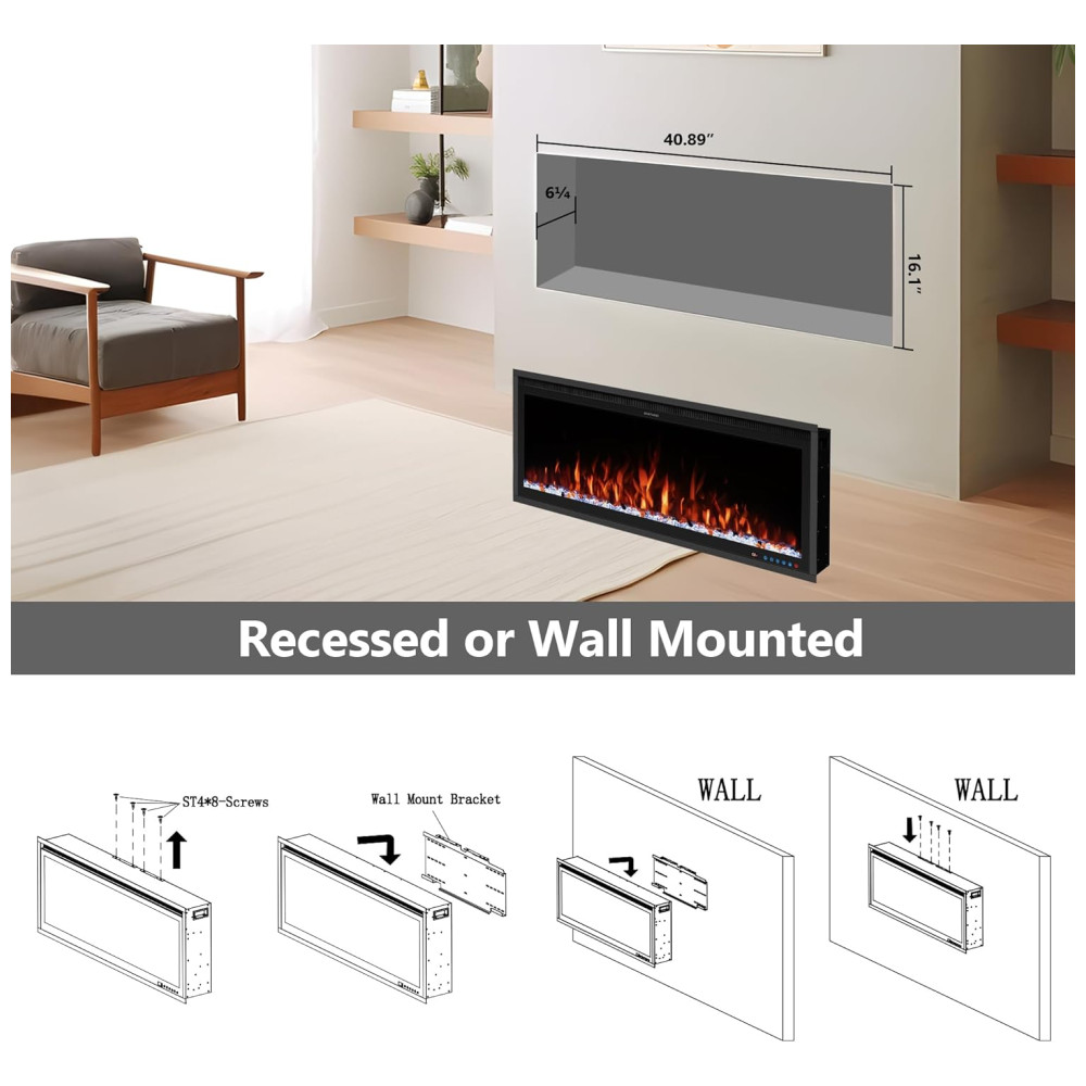 Lareira Elétrica de Embutir A42x106L cm com Controle Remoto por APP Temporizador Toras e Cristais Incluídos 110V 1500W Benrocks BI42Z Preta - Imagem 3