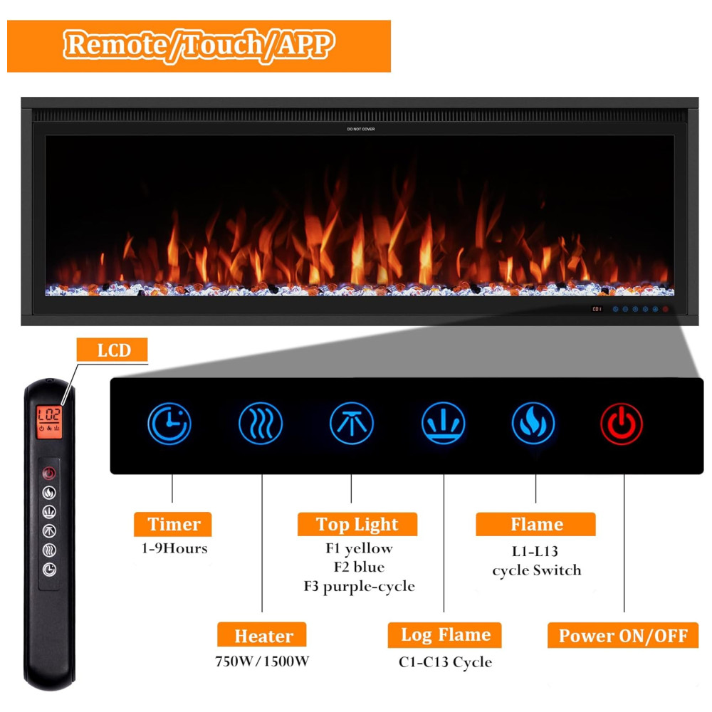 Lareira Elétrica de Embutir A42x106L cm com Controle Remoto por APP Temporizador Toras e Cristais Incluídos 110V 1500W Benrocks BI42Z Preta - Imagem 4