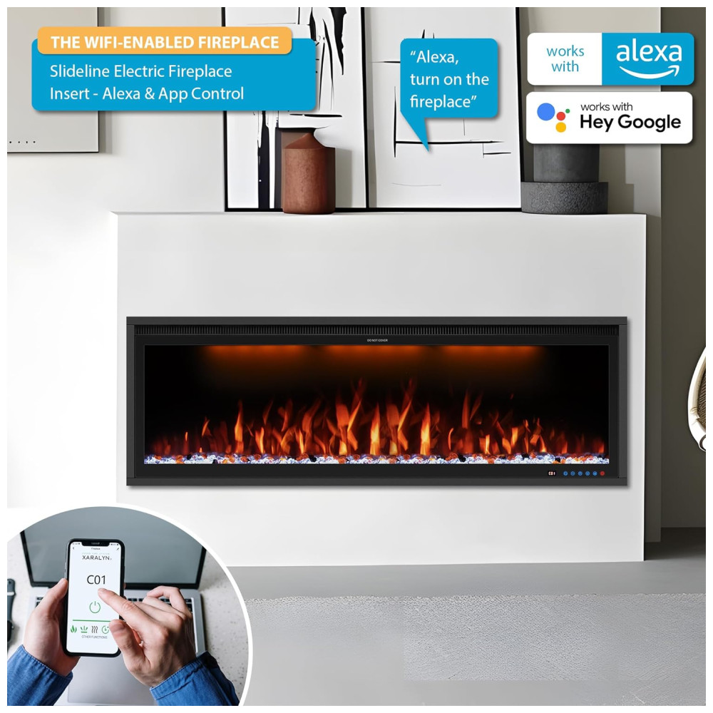 Lareira Elétrica de Embutir A42x106L cm com Controle Remoto por APP Temporizador Toras e Cristais Incluídos 110V 1500W Benrocks BI42Z Preta - Imagem 8