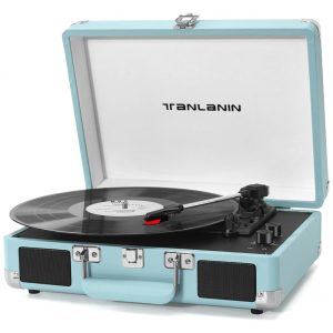 Toca-Discos Portátil em Formato de Maleta com Bluetooth e Alto-Falantes Integrados - Controle de Graves e Agudos 3 Velocidades TANLANIN