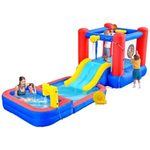 Parque Aquático Inflável com Sprinklers Toboágua Aquático Cestas de Basquete Alvo de Dardos e Piscina Profunda WELLFUNTIME