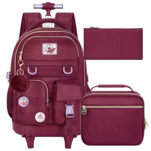 Mochila de rodinhas CCJPX 3 em 1 vermelha para notebook com lancheira e estojo