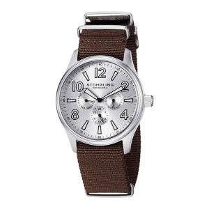 Relógio Nighthawk Sport 406 com Mostrador Prateado de 43mm e Fivela de Alça de Lona Marrom - Stuhrling.