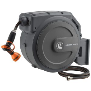 Mangueira de Jadim 39M com Enrolador Retrátil Trava Sistema de Retorno Lento e Suporte Giratório de 180 Giraffe Tools Cinza Escuro