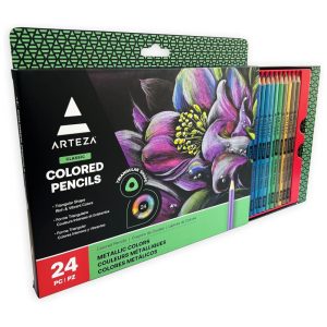 Lápis de Cor Metálicos ARTEZA Conjunto com 24 Cores Formato Triangular Pré-Afiados Materiais de Arte para Desenho e Colorir