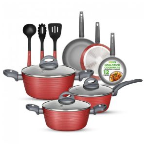 Jogo de Panelas e Frigideiras Antiaderentes em Alumínio com Utensílios 12 Peças NutriChef NCCW12RED Vermelho