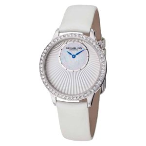 Relógio Feminino Stuhrling Moda Radiante 336 Mostrador Branco Pulseira de Couro Branco e Fivela Tang Prata - 34mm