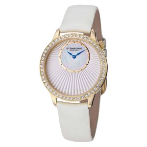 Relógio Stuhrling Moda Radiante 336 34mm Mostrador Branco Ouro Pulseira de Couro Branco e Fivela Tang.