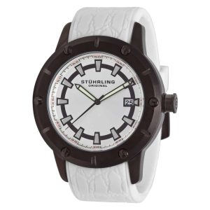 Relógio Torino 621 49mm com mostrador branco e pulseira de silicone branca. Design clássico em PVD preto Stuhrling.