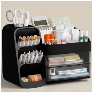 Organizador de mesa HBlife preto com porta‑canetas 4 compartimentos superiores e 2 gavetas para escritório casa e escola