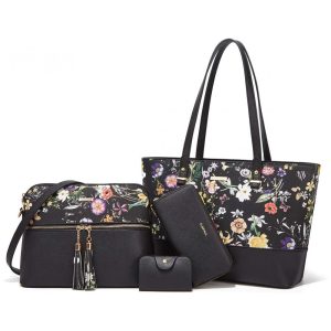 Conjunto de Bolsas Femininas em Couro Sintético 4 Peças com Carteira Lovematch Preto Florido