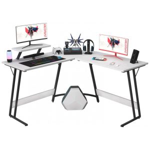 Mesa Gamer em L Homall Branco Clássico 130 cm com Suporte para Monitor Grande Removível e Gaveta