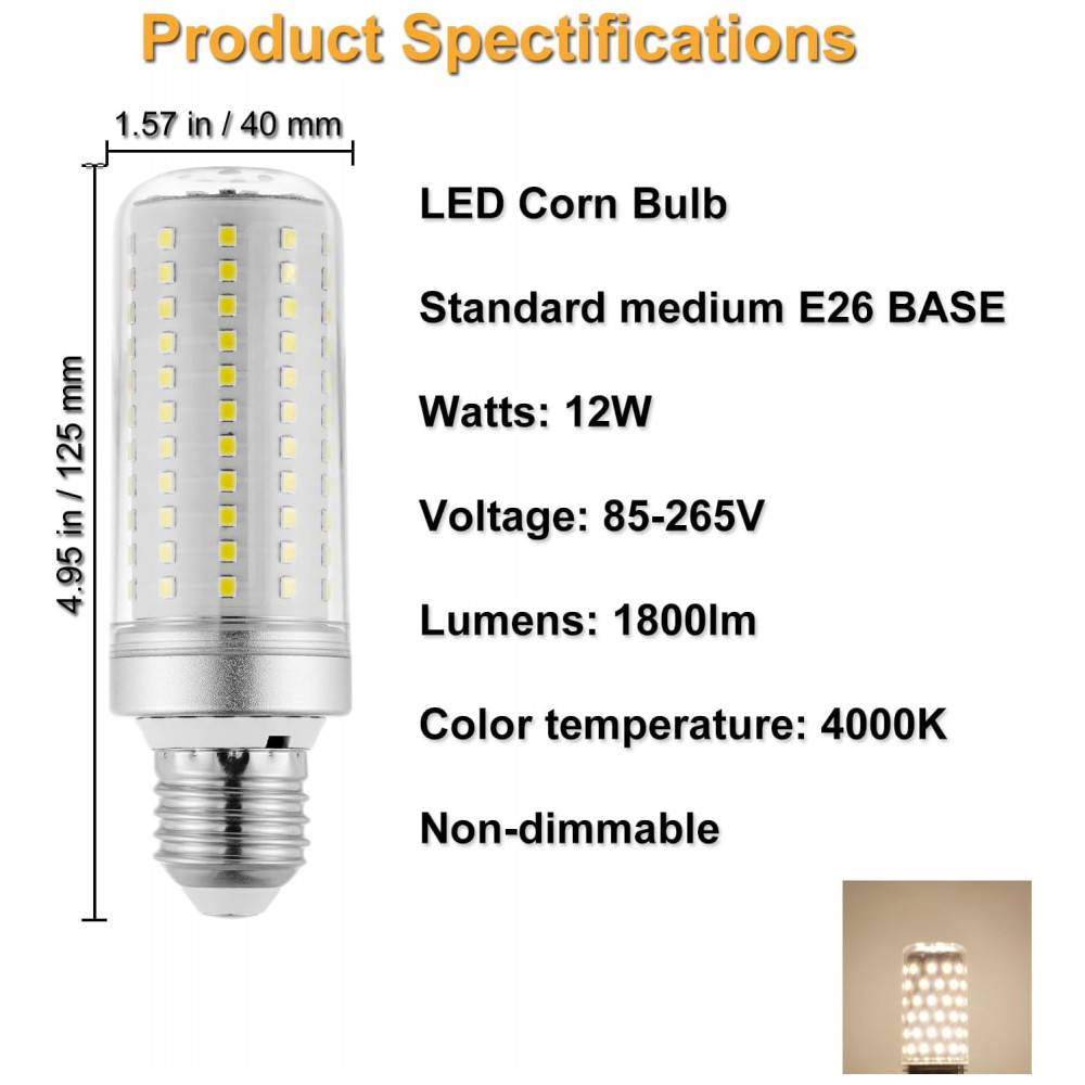 Lâmpadas RA RAYHOO LED 12W, equivalentes a 100-150W incandescentes, base E26/E27, 1800 lúmens, luz branca natural 4000K, não dimmável, pacote com 2 unidades. - Imagem 2