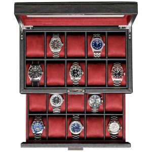 Caixa Estojo de Couro e Tampo de Vidro para Relógios com 20 Compartimentos ROTHWELL Preto e Vermelho