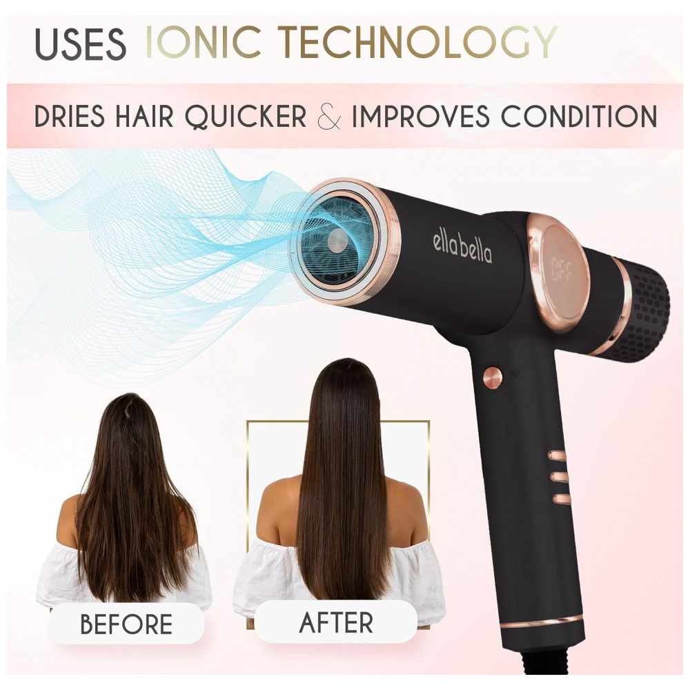 Secador de Cabelo Profissional Ionic ELLA BELLA com Difusor Tecnologia Íon Negativo Secagem Rápida Controle de Calor Inteligente Design Leve Tecnologi - Imagem 2