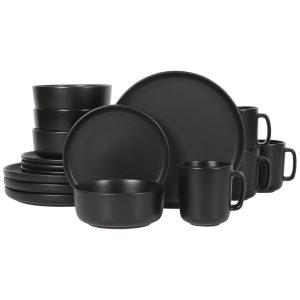 Aparelho de Jantar com 16 Peças em Cerâmica Faiança Incluindo Pratos Xícaras e Bowls Gibson Home Zuma Preto Fosco