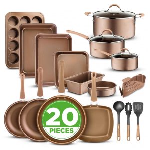 Conjunto de Panelas e Frigideiras Antiaderentes em Alumínio com Utensílios 20 Peças NutriChef NCCW20S Dourado