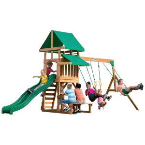 Playground Infantil de Madeira com Mesa de Pequinique Escorregador 2 Balanços e Barra de Acrobacia Backyard Discovery Verde