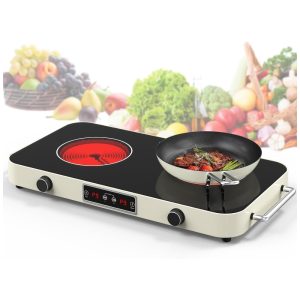 Cooktop Elétrico Portátil de Indução com 2 Bocas 9 Níveis de Potência Temporizador 2 Alças Controle de Botão e Trava de Segurança para Crianças 110V 2200W GIHETKUT Branco