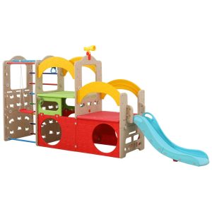 UNICOO Parque Infantil 10 em 1 Playset de Ginásio Indoor com Escorregador Parede de Escalada Escada Balanço Basquete Argolas Penduradas Brinqued