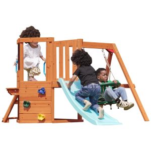Playground Dolphin Playground T 5-em-1 para Quintal: Balanço Mesa Quadro Negro Escorregador e Parede de Escalada. Ideal para 18 meses a 4 anos.