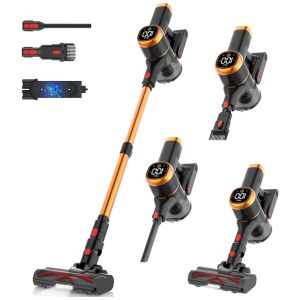 Aspirador de Pó Portátil Tikom V500 450W 40mCA Tela LED Touch Suporte de Parede Leve e Potente para pelos de Animais Pisos e Carpetes - Preto/Dourado